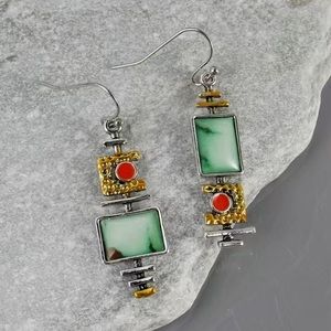Boho Vintage Geometric Drop Hook Earrings 925 Silver Plated Synthetic Gemstones